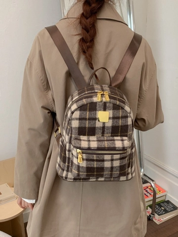 Mini Plaid Backpack Women Wool Blend Tweed Small Rucksack Vintage Checkered Travel Commuting Bag Autumn Winter Accessory