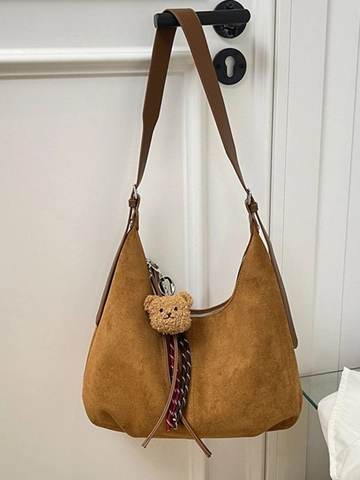 Borsa Hobo da Donna in Pelle PU Vintage Borsa a Tracolla di Grande Capacità con Ciondolo a Orsetto Borsa Retrò