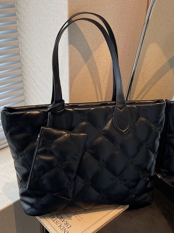 Set Borsa Tote in Pelle PU Trapuntata da Donna Con Ricamo Floreale Borsa a Tracolla di Grande Capacità Borsa a Mano Casual da Pendolare per Donna