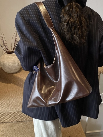 Borsa Hobo Vintage Grande Capacità da Donna Pelle PU Minimalista Tote Borsa a Spalla Cuciture a Contrasto Plissettata Versatile per Pendolarismo