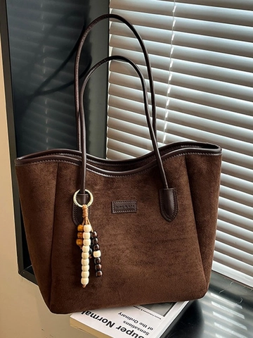 Sac Cabas Vintage en Daim Imprimé Léopard Pour Femmes Sac à Bandoulière Grande Capacité Avec Gland en Perles de Bois