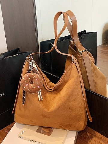 Borsa Tote in PU Vintage di Grande Capacità per Donna Borsa a Tracolla Morbida Retro Con Ciondolo Ciambella Borsa Hobo