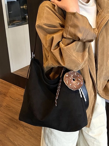 Borsa Tote in PU Vintage di Grande Capacità per Donna Borsa a Tracolla Morbida Retro Con Ciondolo Ciambella Borsa Hobo