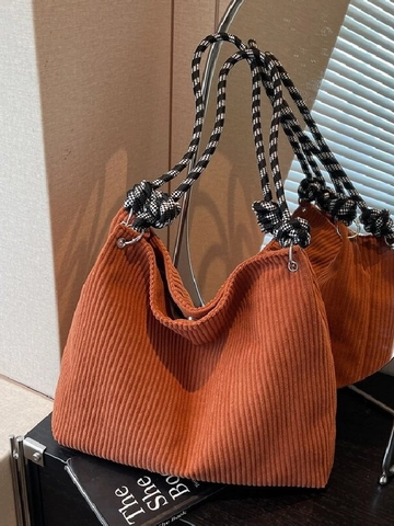 Borsa Tote in Velluto a Coste di Grande Capacità da Donna Borsa a Spalla Casual Con Manico in Corda Intrecciata Stile Coreano