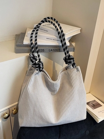 Borsa Tote in Velluto a Coste di Grande Capacità da Donna Borsa a Spalla Casual Con Manico in Corda Intrecciata Stile Coreano