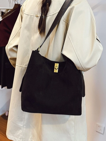 Sac Seau pour Femmes Grande Capacité Aspect Suède en Cuir PU Minimaliste Rétro Sac Épaule Avec Fermoir en Métal Bandoulière Pour Navette