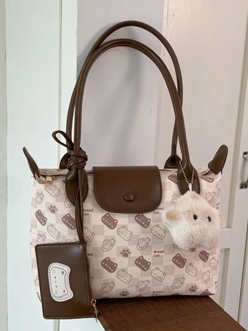 Bolso de Mano de PU con Estampado de Gato Bread Cat Lindo para Mujer Gran Capacidad Contraste de Color Dibujos Animados Bolso de Hombro Con Mini Bolsa y Colgante de Estrella