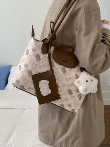 Bolso de Mano de PU con Estampado de Gato Bread Cat Lindo para Mujer Gran Capacidad Contraste de Color Dibujos Animados Bolso de Hombro Con Mini Bolsa y Colgante de Estrella