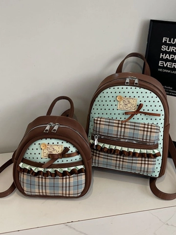 Mini Sac à Dos Kawaii avec Nœud en Similicuir PU Patchwork Tissu Motif Étoiles et Carreaux Style Japonais pour Filles