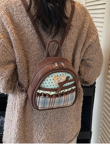 Mini Sac à Dos Kawaii avec Nœud en Similicuir PU Patchwork Tissu Motif Étoiles et Carreaux Style Japonais pour Filles