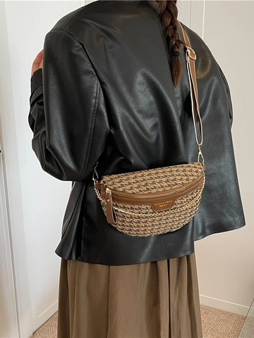 Bolso de Pecho Vintage con Estampado de Leopardo y Pata de Gallo para Mujer Correa Ancha de Tela y Cuero Artificial