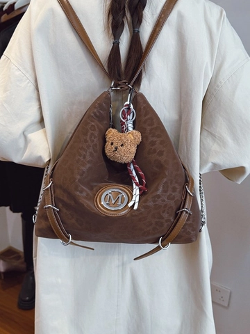 Damen Vintage Tote Bag Mit Leopardenmuster Große Kapazität Retro Schultertasche Umhängetasche Multifunktionaler Rucksack Mit Plüschbär