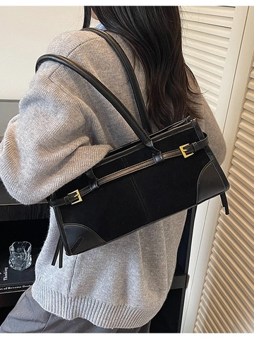 Vintage Wildleder-Optik Patchwork Schultertasche Für Damen Retro Achseltasche Mit Metallschnalle Große Kapazität Tragetasche
