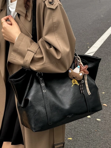 Damen Große Kapazität PU Leder Tote Bag Vintage Minimalistisch Schulter Handtasche Zum Pendeln Casual Doppelriemen Tasche Mit Bärenanhänger