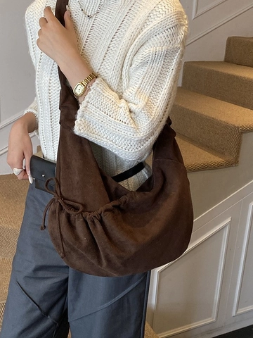 Retro Pleated Dumpling Shoulder Bag For Women Large Capacity Suede Texture PU Leather Hobo Crossbody Bag Daily Underarm Bag