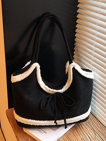 Borsa Shopping Vintage da Donna in Scamosciato di Grande Capacità Con Finitura in Shearling Artificiale Fiocco Invernale