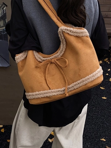 Borsa Shopping Vintage da Donna in Scamosciato di Grande Capacità Con Finitura in Shearling Artificiale Fiocco Invernale