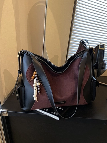 Sac Cabas en Cuir de Suède Patchwork Rétro pour Femmes Sac à Épaule Grande Capacité Avec Charme de Perle Sac Hobo Vintage