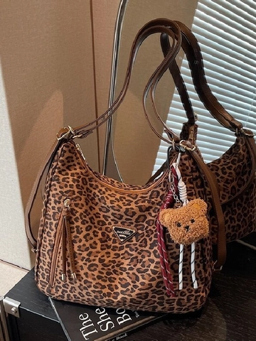 Damen Leopardenmuster Wildleder Schultertasche Große Kapazität Tote Tasche Mit Teddybär Anhänger Retro Mode Damen Tasche