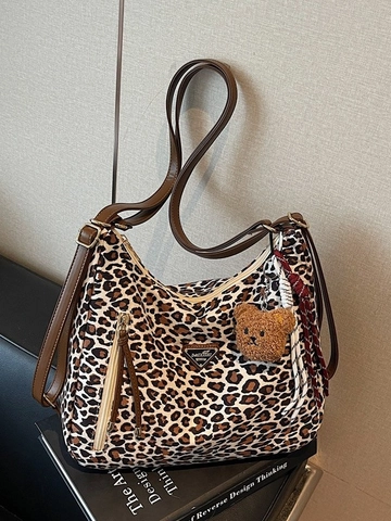 Damen Leopardenmuster Wildleder Schultertasche Große Kapazität Tote Tasche Mit Teddybär Anhänger Retro Mode Damen Tasche