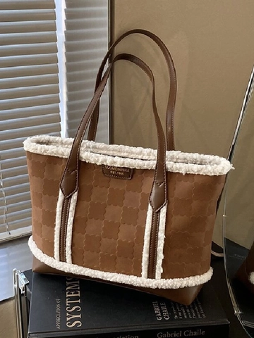 Borsa Tote Donna Grande Capacità Finiture in Montone Sintetico Motivo a Quadri Quadrifoglio Goffrato Borsa a Spalla in Pelle PU Pendolare