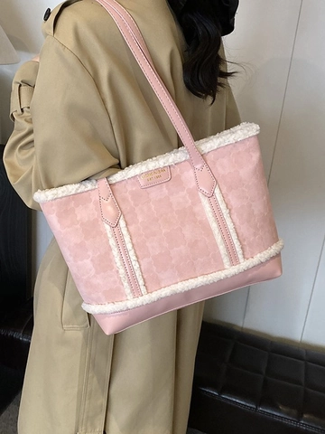 Borsa Tote Donna Grande Capacità Finiture in Montone Sintetico Motivo a Quadri Quadrifoglio Goffrato Borsa a Spalla in Pelle PU Pendolare