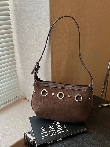 Bolso de Axila de Gamuza Vintage para Mujer Decoración de Ojales Metálicos Bolso de Hombro Retro Pequeño Bolso Hobo Color Sólido