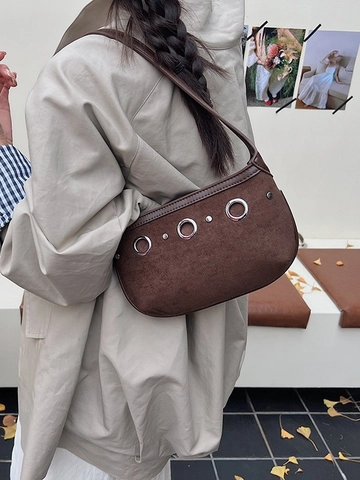 Bolso de Axila de Gamuza Vintage para Mujer Decoración de Ojales Metálicos Bolso de Hombro Retro Pequeño Bolso Hobo Color Sólido