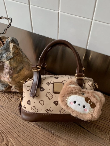 Damen Vintage Kissen Umhängetasche Kleine Kontrastfarbe Bedruckte PU Handtasche Casual Mode Top Griff Tasche Mit Anhänger