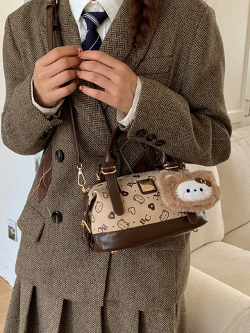 Damen Vintage Kissen Umhängetasche Kleine Kontrastfarbe Bedruckte PU Handtasche Casual Mode Top Griff Tasche Mit Anhänger