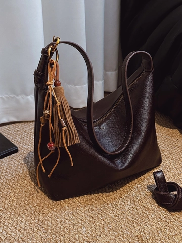 Vintage Große Kapazität PU Leder Hobo Umhängetasche Für Damen Lychee Textur Weiche Schultertasche Mit Quaste Dekoration Büro Alltag