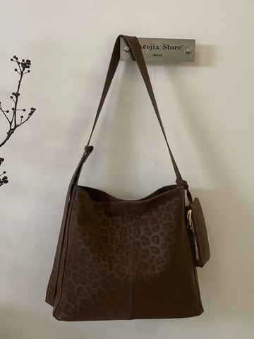Sac Seau en Suédine Imprimé Léopard pour Femmes Sac à Épaule Minimaliste Rétro Avec Petite Pochette Grand Sac Fourre-Tout