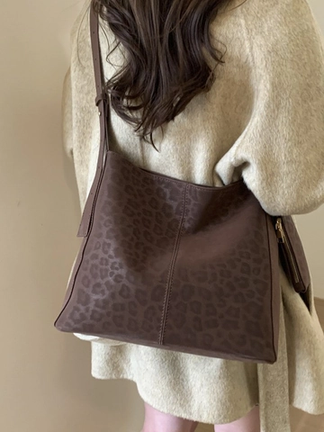 Sac Seau en Suédine Imprimé Léopard pour Femmes Sac à Épaule Minimaliste Rétro Avec Petite Pochette Grand Sac Fourre-Tout