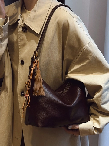 Vintage Große Kapazität PU Leder Hobo Umhängetasche Für Damen Lychee Textur Weiche Schultertasche Mit Quaste Dekoration Büro Alltag