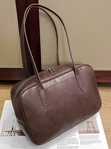 Large Capacity Retro PU Leather Tote Bag For Women Vintage Minimalist Commuter Shoulder Bag Soft Underarm Shopping Bag Zipper Closure
