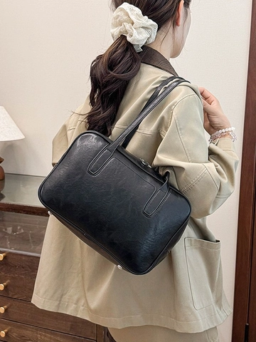 Large Capacity Retro PU Leather Tote Bag For Women Vintage Minimalist Commuter Shoulder Bag Soft Underarm Shopping Bag Zipper Closure