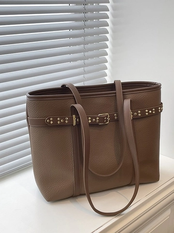 Borsa Tote da Donna in Pelle PU di Grande Capacità Borsa a Tracolla a Grana di Ciottolo Con Cintura Decorativa Fibbia Pendolarismo
