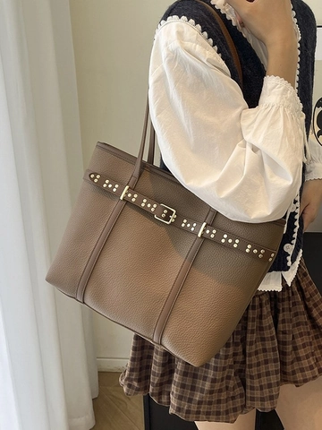 Borsa Tote da Donna in Pelle PU di Grande Capacità Borsa a Tracolla a Grana di Ciottolo Con Cintura Decorativa Fibbia Pendolarismo