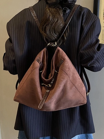 Large Capacity Women PU Suede Backpack Vintage Minimalist Single Double Shoulder Tote Bag Retro Versatile Commuter Rucksack
