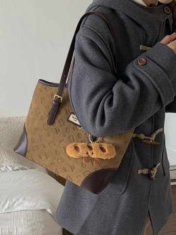 Borsa Tote Vintage Grande Capacità da Donna con Motivo Bread Cat Stampata Borsa a Tracolla Pendolare in Pelle PU con Ciondolo Baguette