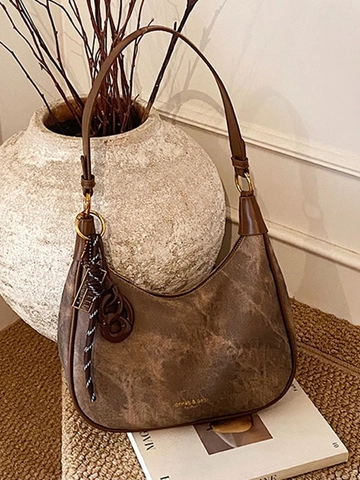 Damen Retro PU-Leder Hobo Tasche Mode Washed Denim Textur Halbmond Schultertasche Unterarm Umhängetasche Dumpling Tasche Mit Anhänger