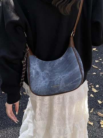 Damen Retro PU-Leder Hobo Tasche Mode Washed Denim Textur Halbmond Schultertasche Unterarm Umhängetasche Dumpling Tasche Mit Anhänger