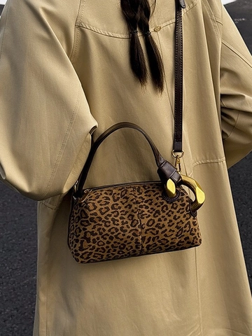 Borsa a Cuscino in PU Smerigliato di Lusso da Donna Borsa a Tracolla Retrò con Stampa Leopardata con Grande Anello in Metallo Dorato Borsa da Pendolare alla Moda