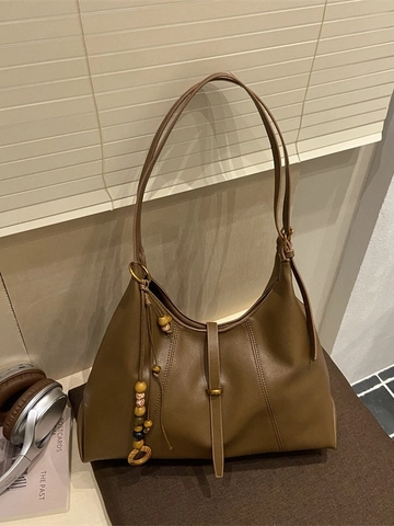 Vintage Women PU Leather Underarm Bag Large Capacity Hobo Shoulder Bag With Retro Wood Beads Pendant Commuter Tote Handbag