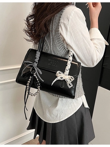 Sac à Épaule en Cuir PU pour Femmes Grande Capacité Style Coréen Simple Sac Sous le Bras Carré Avec Charmes de Nœud