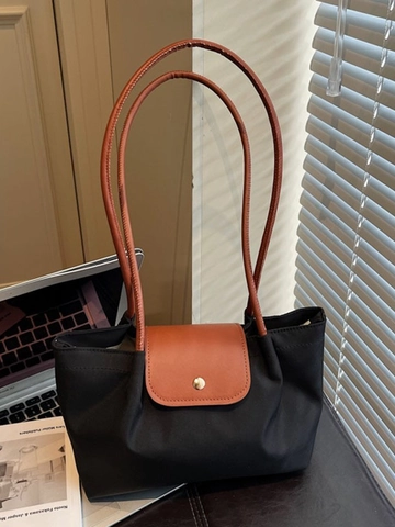 Sac Cabas en Nylon de Grande Capacité Avec Rabat en Similicuir Et Longues Anses Pour Femmes Sac à Épaule Polyvalent Sac à Main Élégant