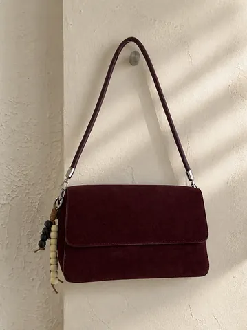 Women Vintage Suede Look PU Leather Shoulder Bag Minimalist Square Crossbody Bag With Wood Beads Pendant Flap Satchel Bag