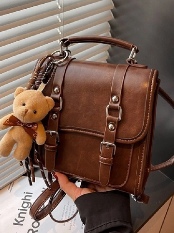 Sac à Dos Vintage en Cuir PU pour Femmes Sac Messager Rétro à Double Boucle Sac à Bandoulière Mode pour Trajet Quotidien avec Porte-Clés Ours