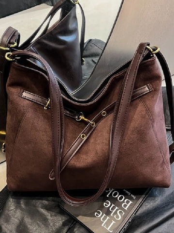 Vintage Suede Tote Bag Large Capacity Shoulder Bag For Women Retro Casual Crossbody Bag Solid Color Commuting Handbag