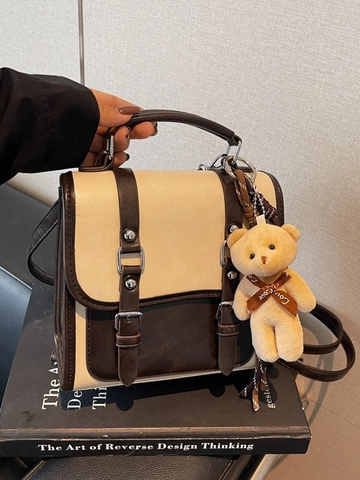Sac à Dos Vintage en Cuir PU pour Femmes Sac Messager Rétro à Double Boucle Sac à Bandoulière Mode pour Trajet Quotidien avec Porte-Clés Ours